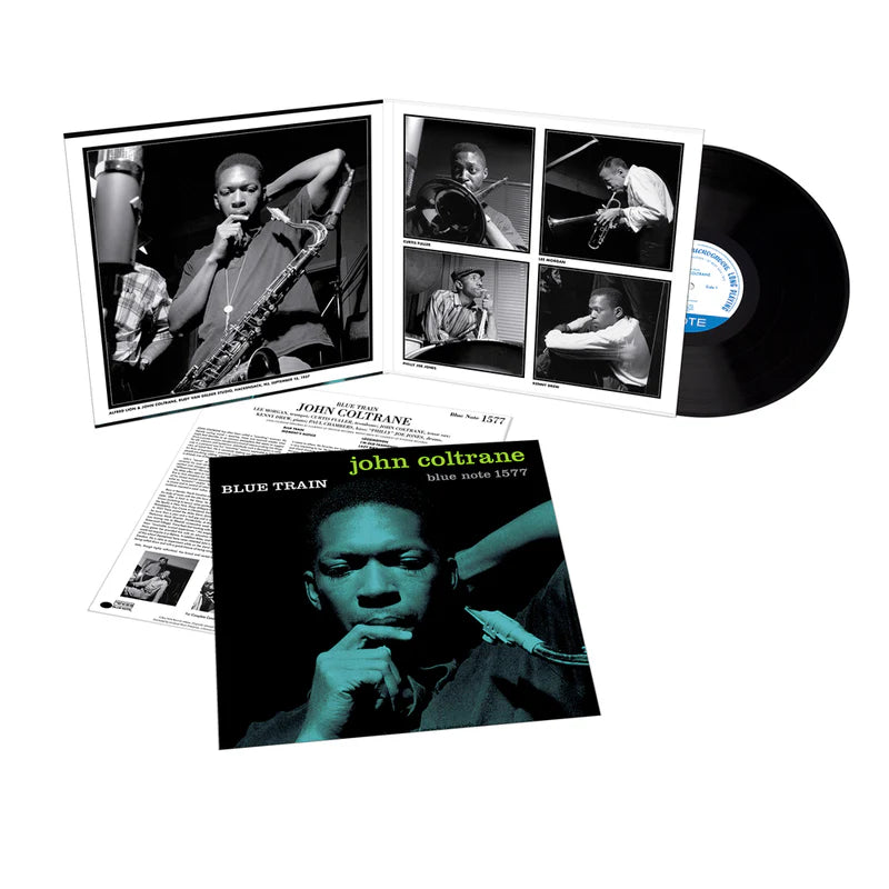 Vinyl record with 'Blue Train' by John Coltrane and album cover featuring a portrait of the musician.