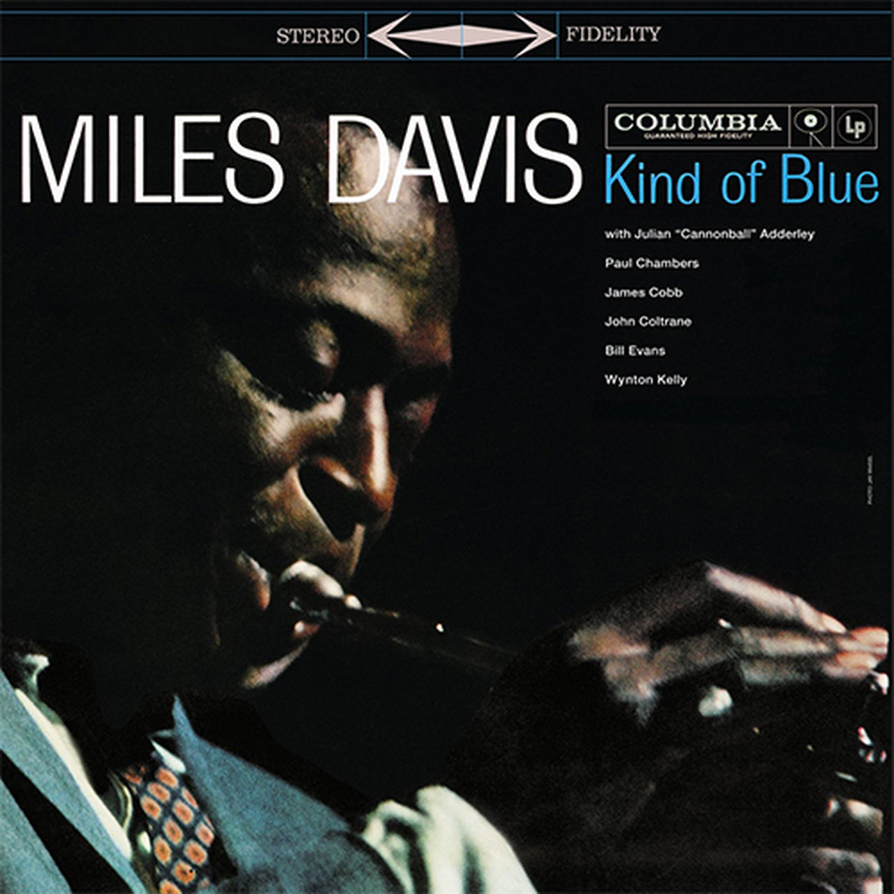 Album cover of 'Kind of Blue' by Miles Davis featuring a close-up of the artist.
