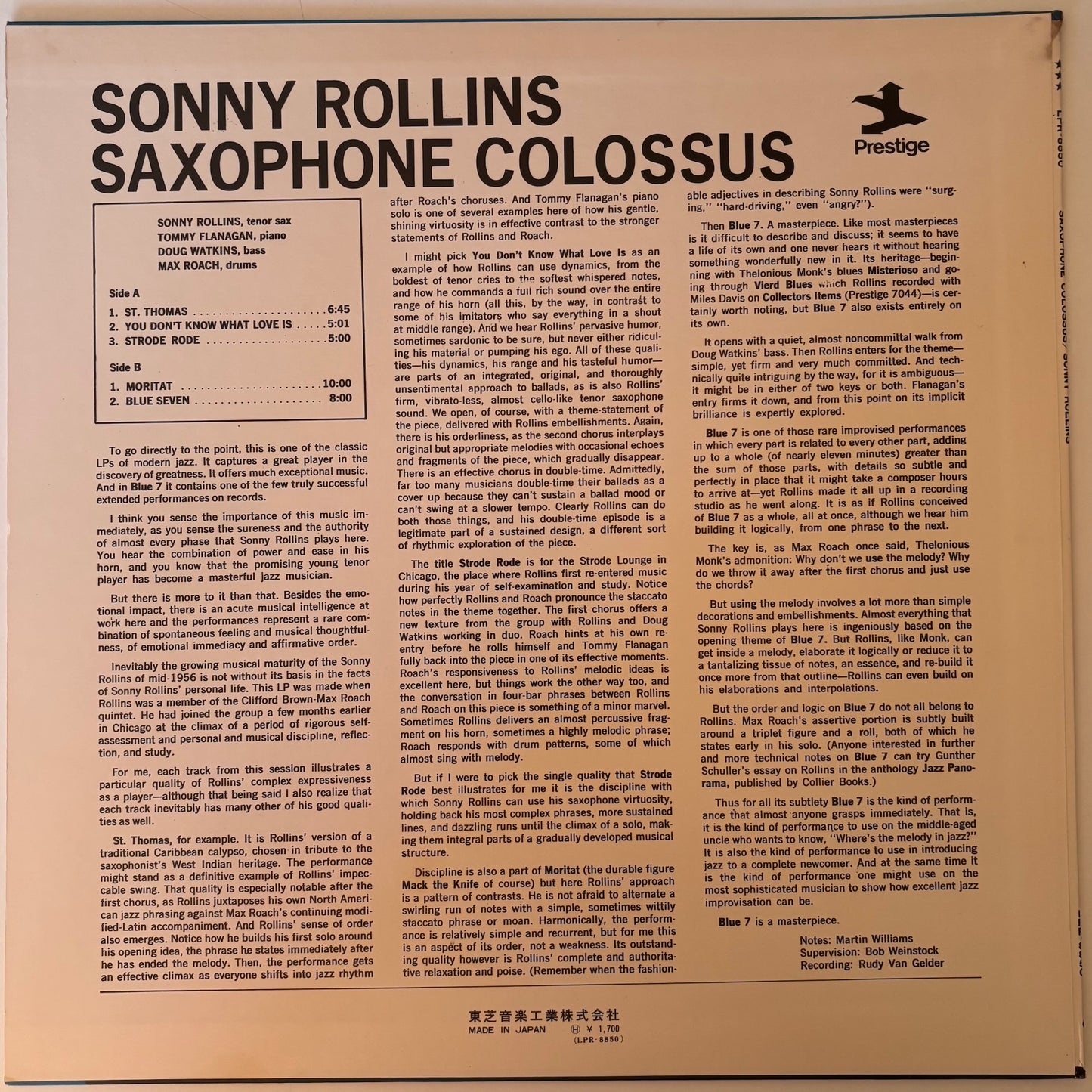 Back cover of a Sonny Rollins album with text and tracklist on a beige background
