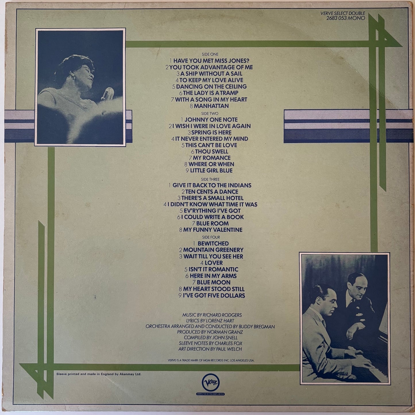 Back cover of Ella Fitzgerald Sings The Rodgers & Hart Songbook vinyl record.