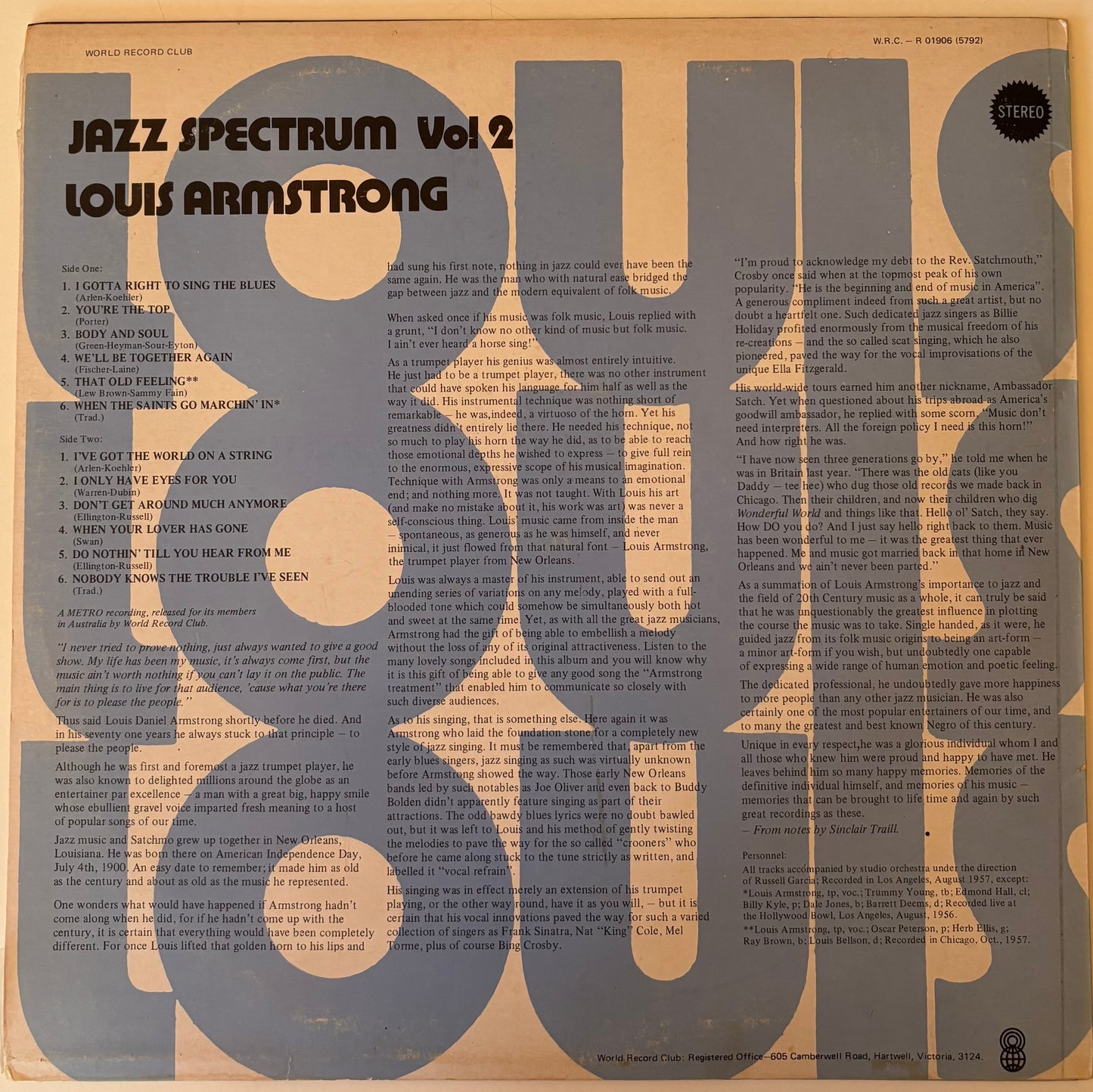 Album cover for Louis Armstrong's 'Jazz Spectrum Vol. 2' with large text and jazz music notes.
