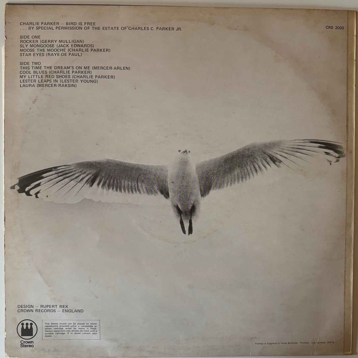 Back cover of vinyl record 'Bird is Free' by Charlie Parker.