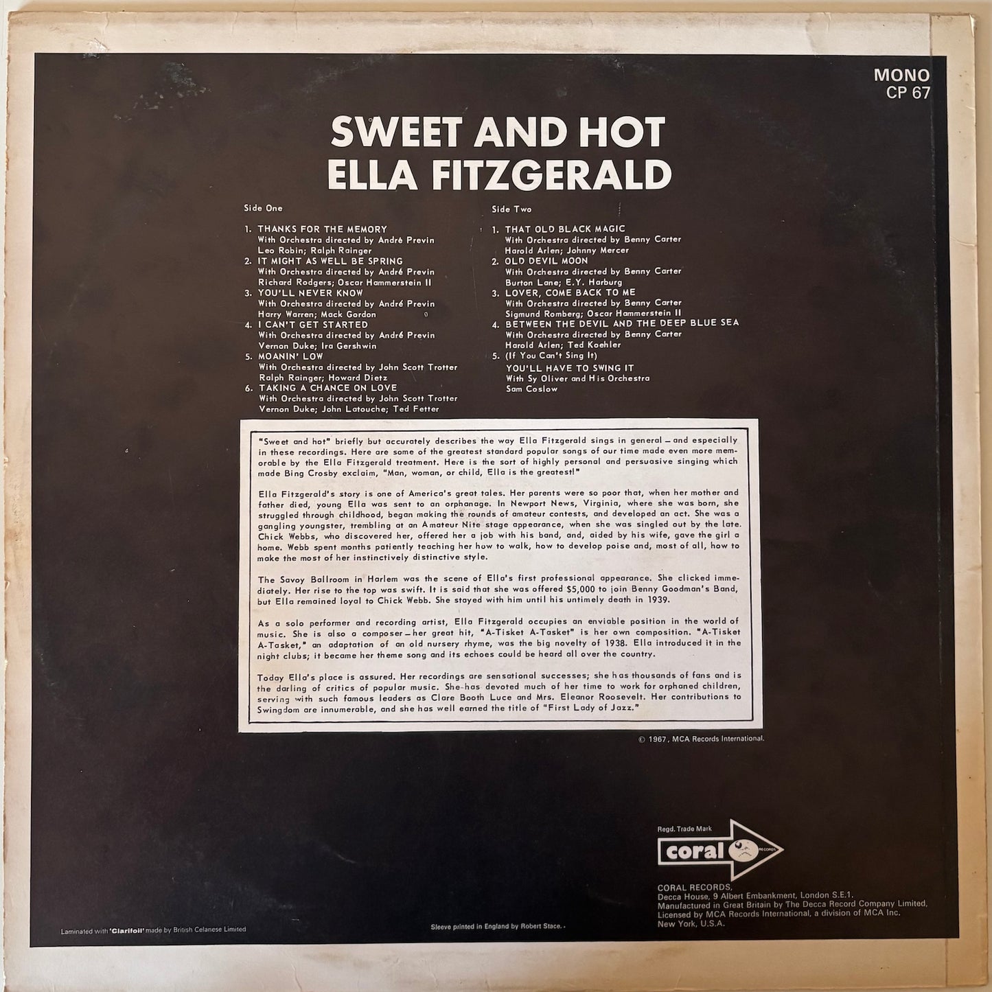 Back cover of a vinyl record with text and a logo, featuring the title 'Sweet and Hot' by Ella Fitzgerald.