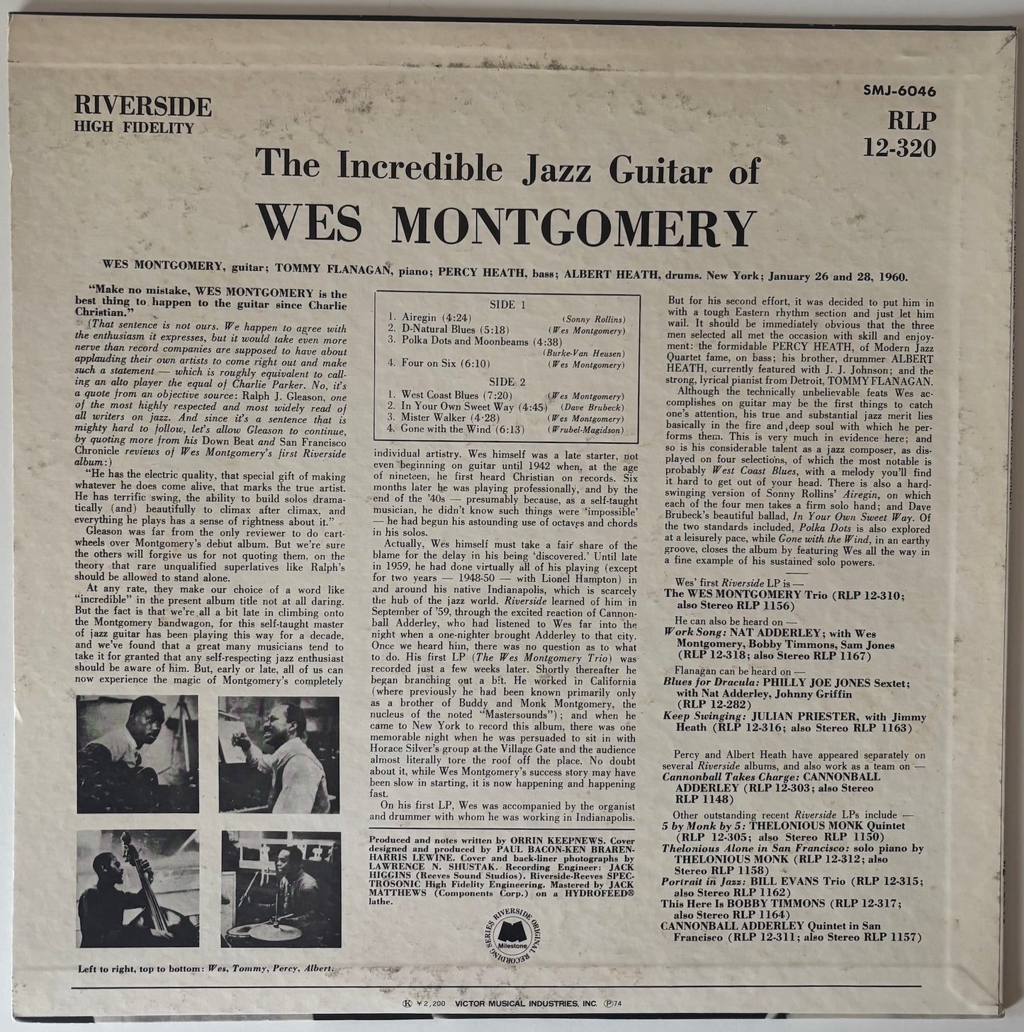 Back cover of a vinyl record featuring text and images of Wes Montgomery playing guitar.
