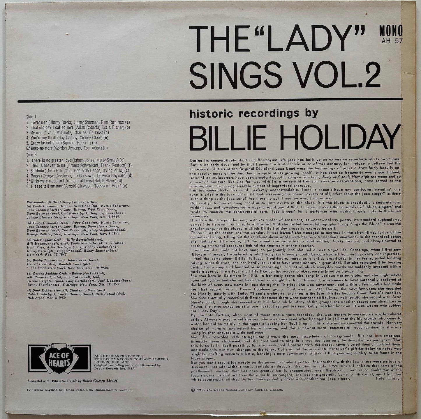 Back cover of a vinyl record featuring text about Billie Holiday's 'The Lady Sings Vol. 2' album.