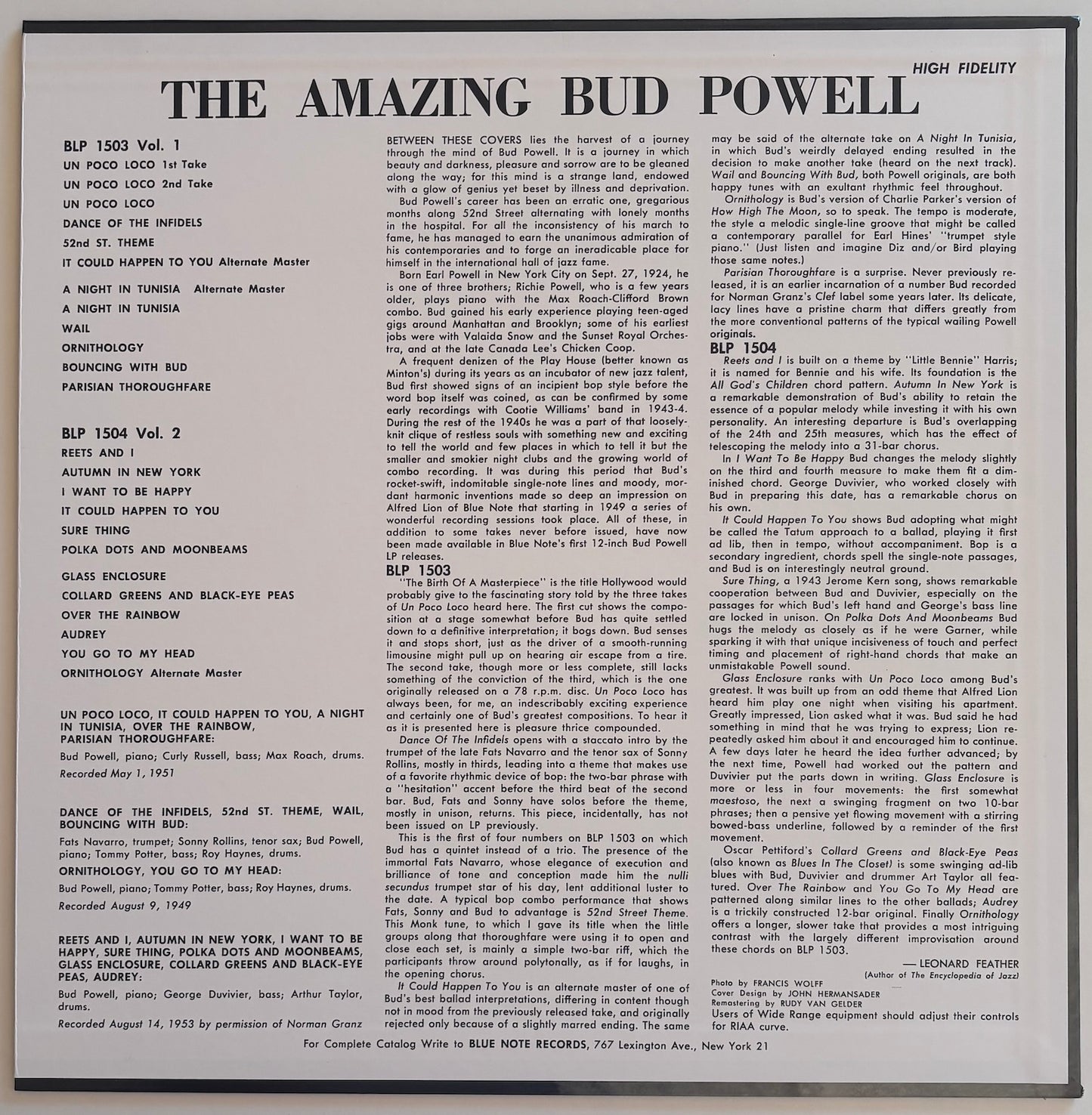Back cover of 'The Amazing Bud Powell Volume 2' on Blue Note Records.