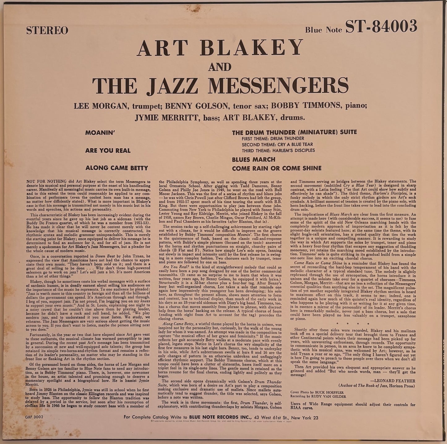 Back cover of Art Blakey and The Jazz Messengers.