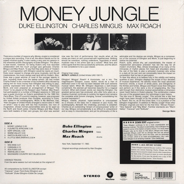 Back cover of a music album featuring Duke Ellington, Charles Mingus, and Max Roach with text and track listings.