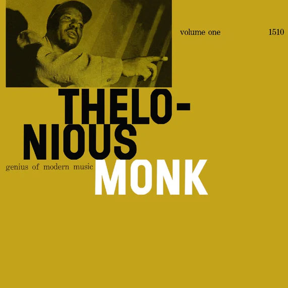 Album cover for Thelonious Monk's 'Genius of Modern Music' with a portrait of the musician on a yellow background.
