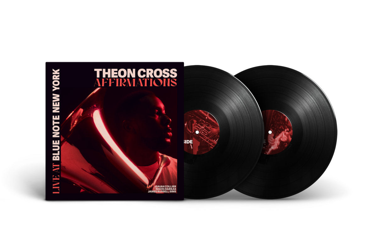 Vinyl records with a red and black design and 'Theon Cross' branding on a white background.