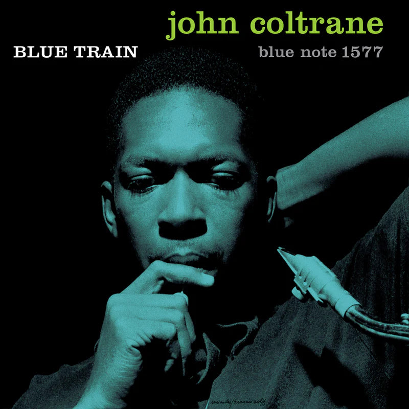 Album cover of 'Blue Train' by John Coltrane with a close-up of the musician's face.