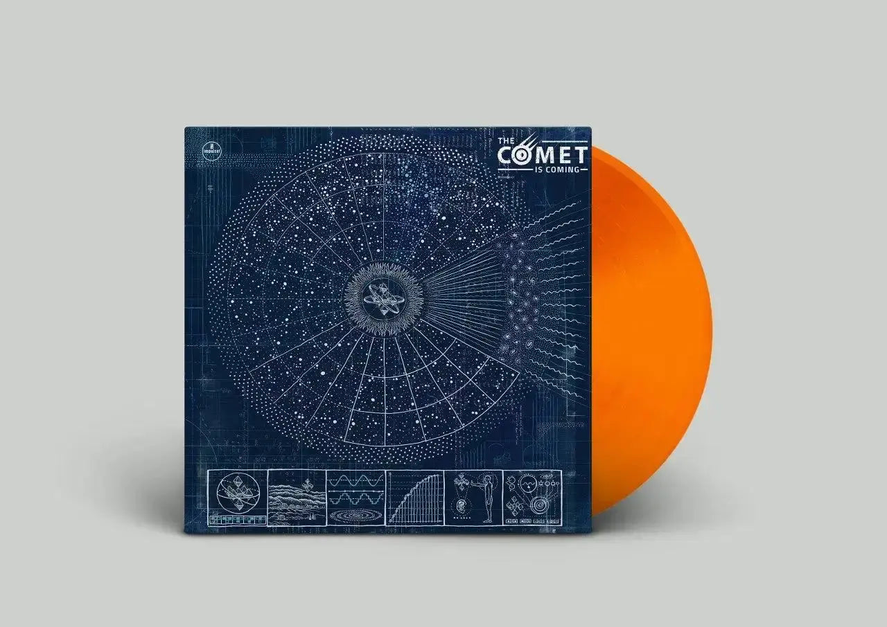 The Comet is Coming's Hyper-Dimensional Expansion Beam album. Vinyl record with blue cover and orange disc on a gray background