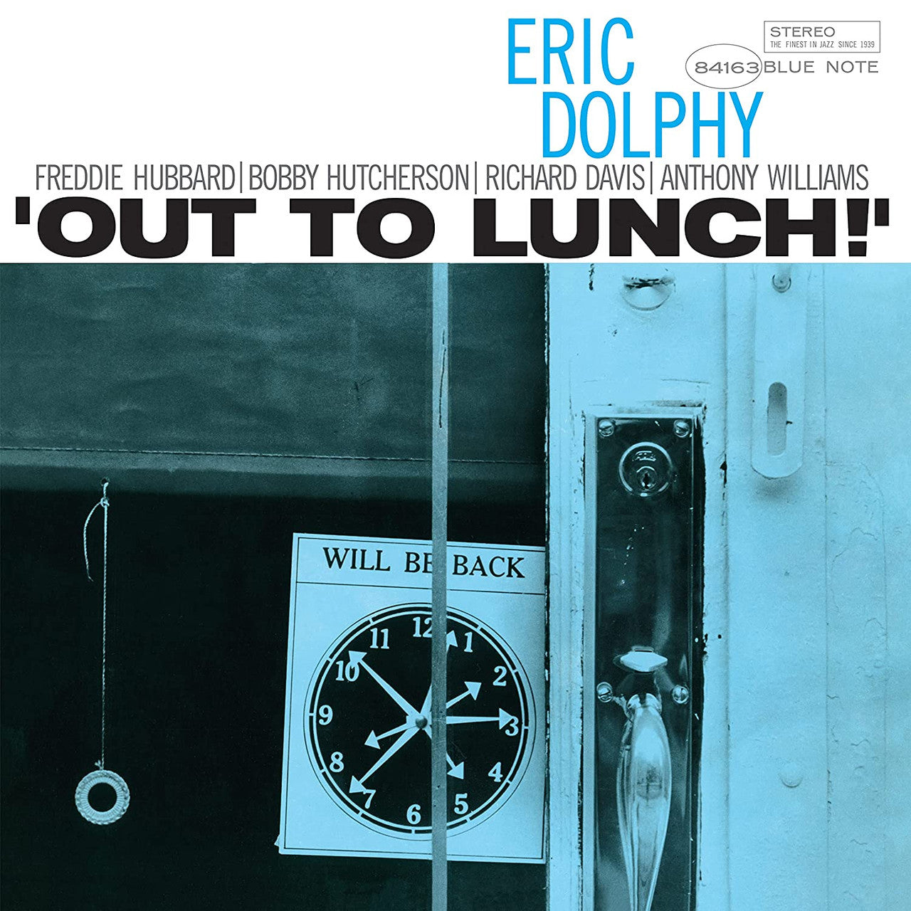 Album cover for 'Out To Lunch!' by Eric Dolphy featuring a clock and door handle.