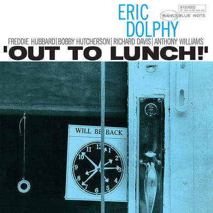 Album cover for 'Out To Lunch!' by Eric Dolphy featuring a clock and door handle.