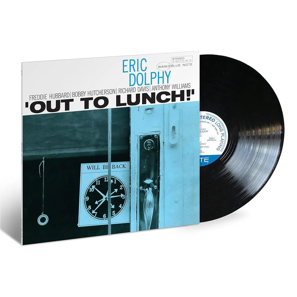 Vinyl record and cover titled 'Out To Lunch!' by Eric Dolphy on a white background