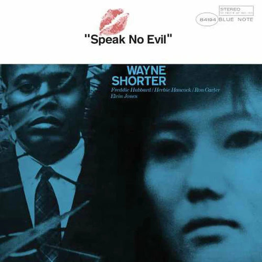 Album cover for 'Speak No Evil' by Wayne Shorter featuring a close-up of a man and woman with a Blue Note logo.