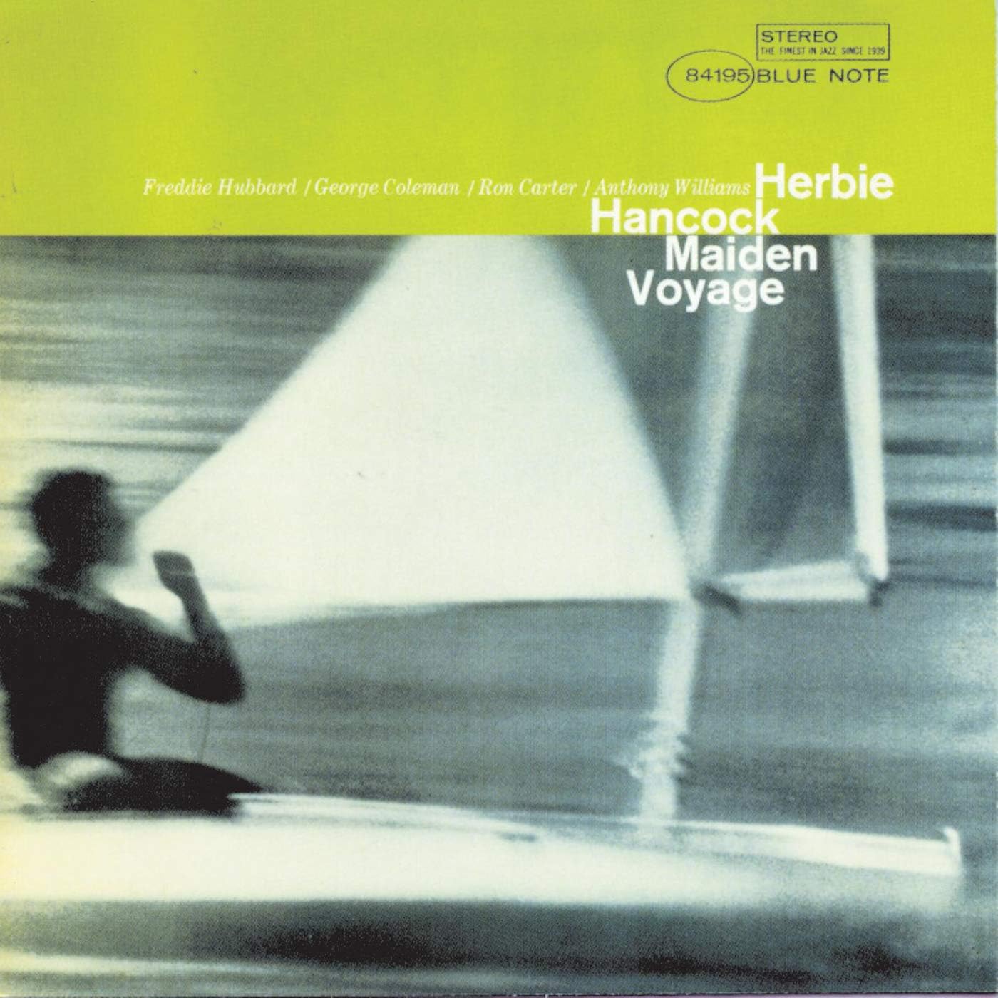 Album cover of 'Maiden Voyage' by Herbie Hancock with sailboat and person on a green background