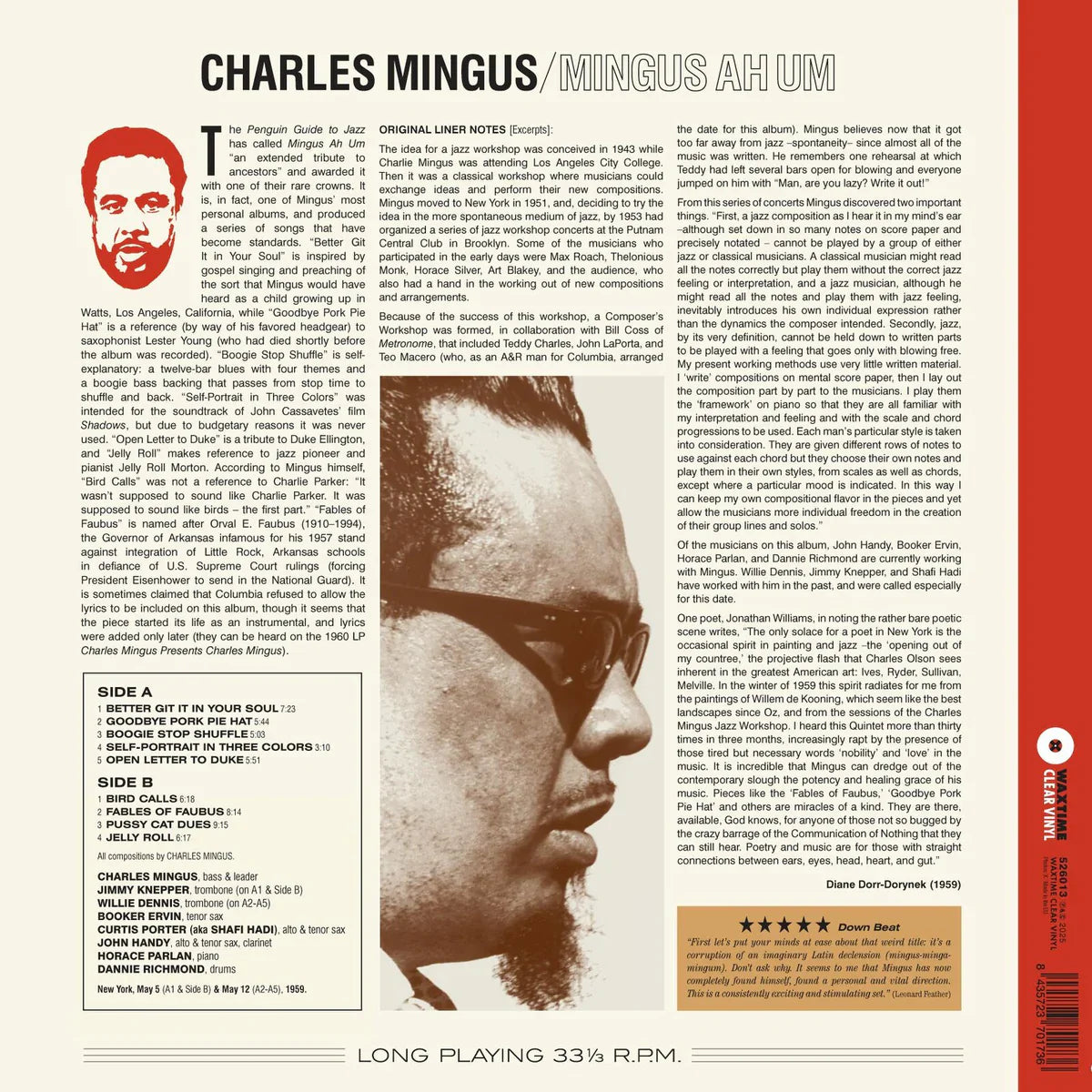 Album cover with Charles Mingus' portrait and text on a red and white background