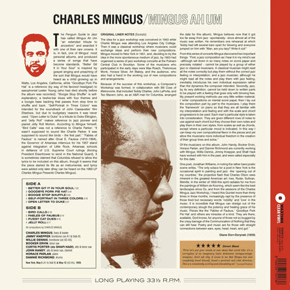 Album cover with Charles Mingus' portrait and text on a red and white background