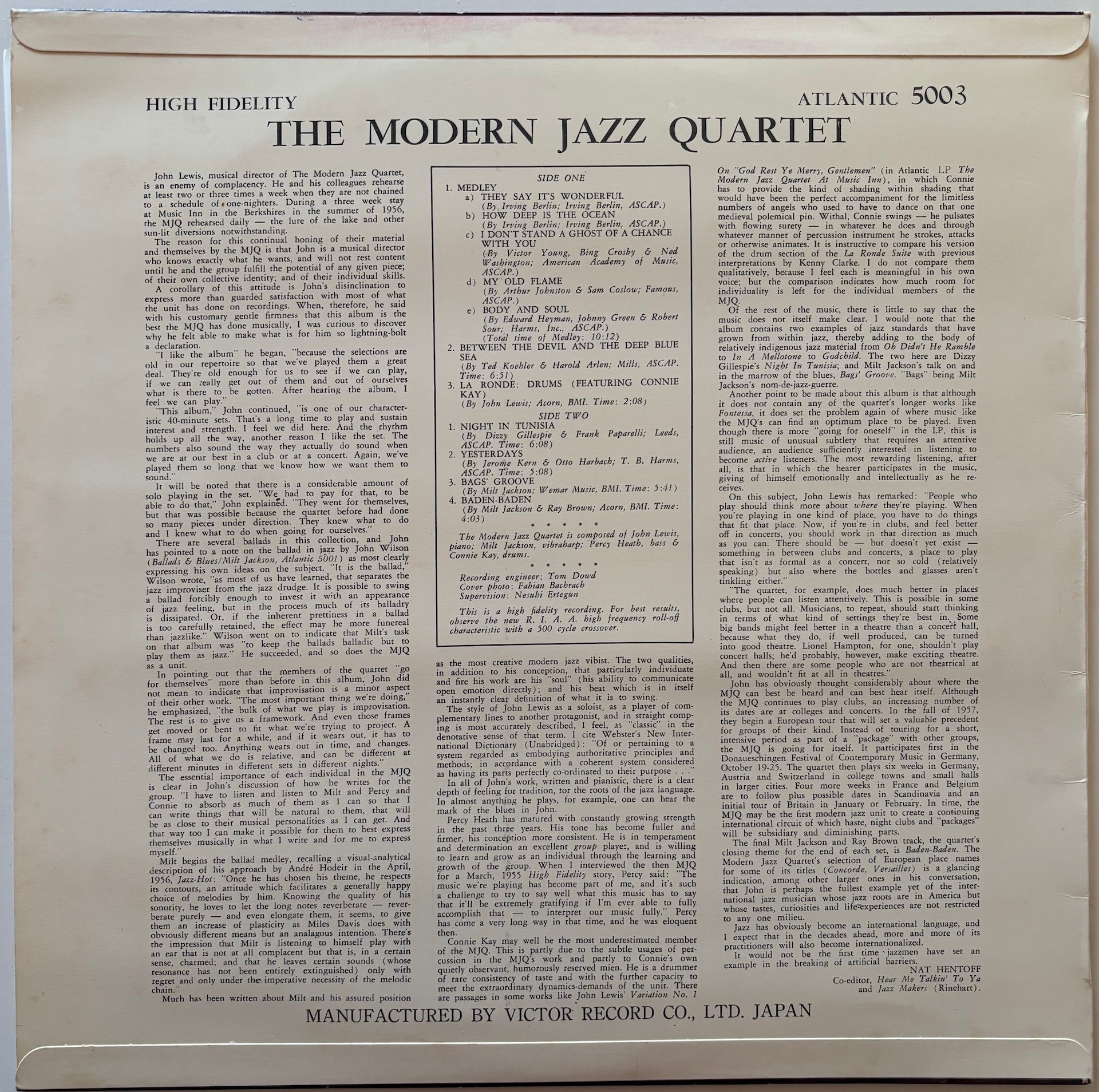Album cover of 'The Modern Jazz Quartet' with text and record label details.