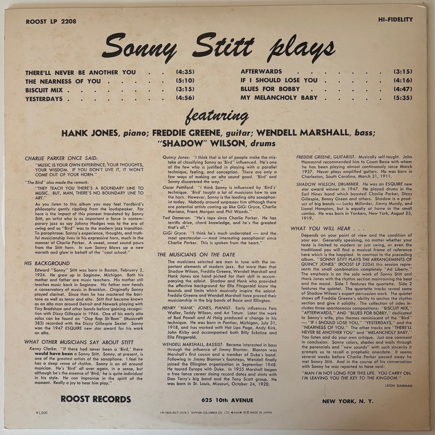 Back cover of a Sonny Stitt album with tracklist and credits.