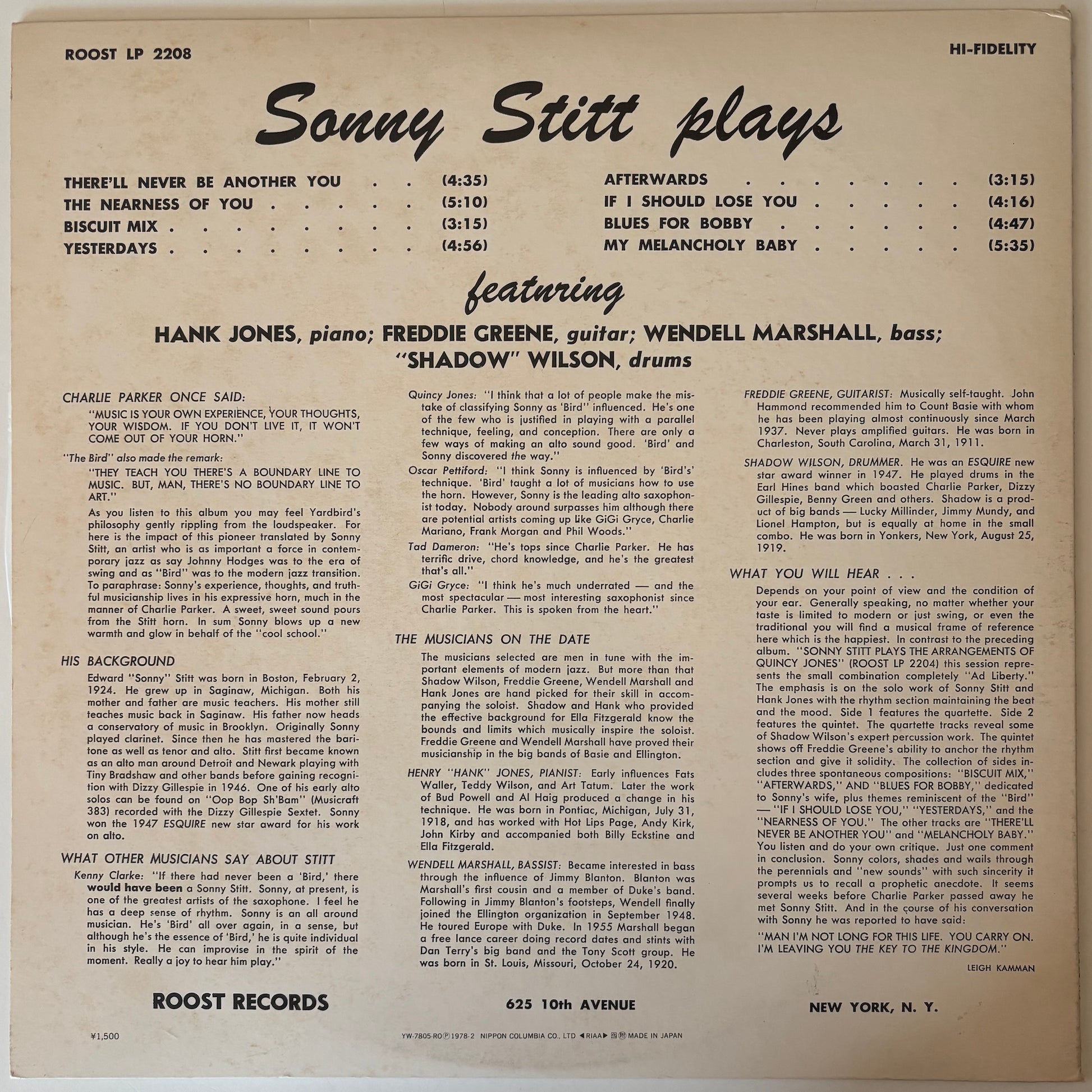 Back cover of a Sonny Stitt album with tracklist and credits.
