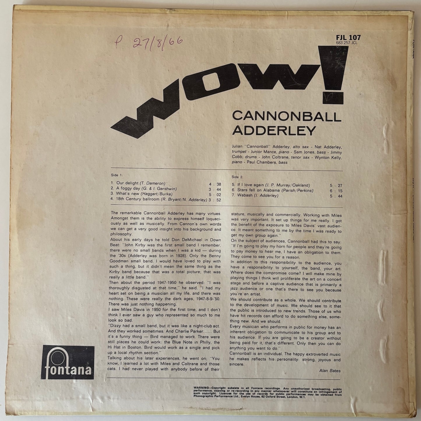 Back cover of a vinyl record with 'WOW!' and 'Cannonball Adderley' text, featuring the Fontana label.