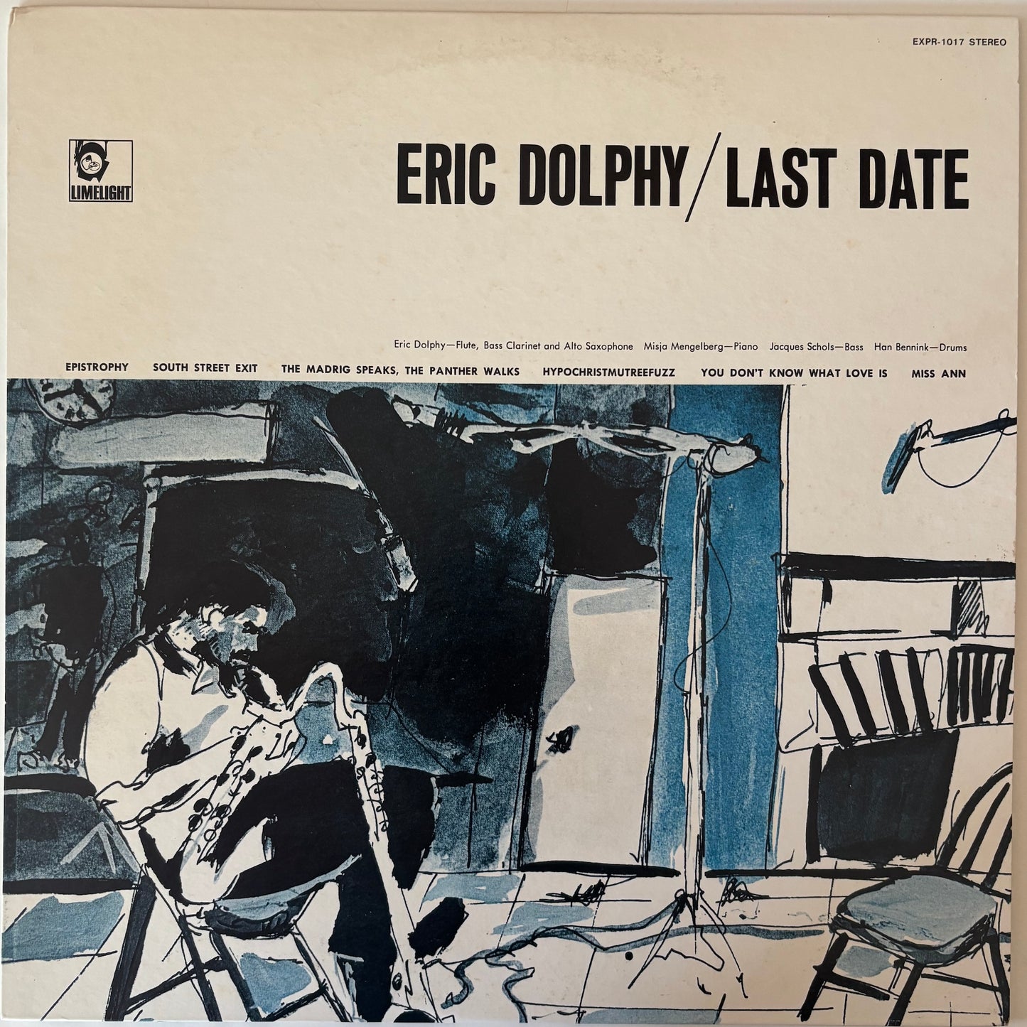 Album cover for 'Last Date' by Eric Dolphy with a black and white illustration of a saxophonist.