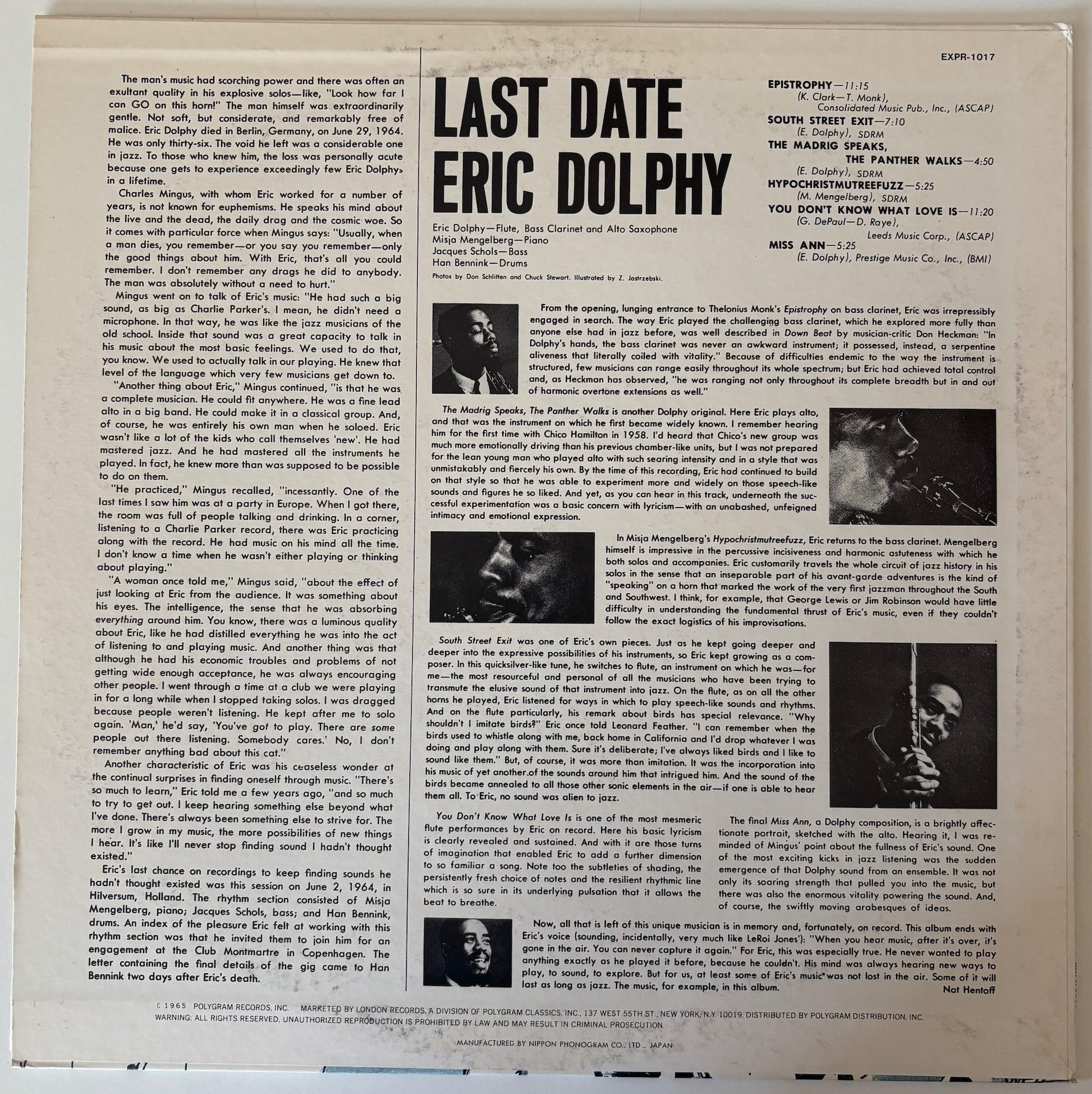 Back cover of a vinyl record with text and black and white photos, featuring 'Last Date Eric Dolphy' by Eric Dolphy.