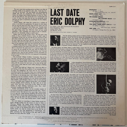 Back cover of a vinyl record with text and black and white photos, featuring 'Last Date Eric Dolphy' by Eric Dolphy.