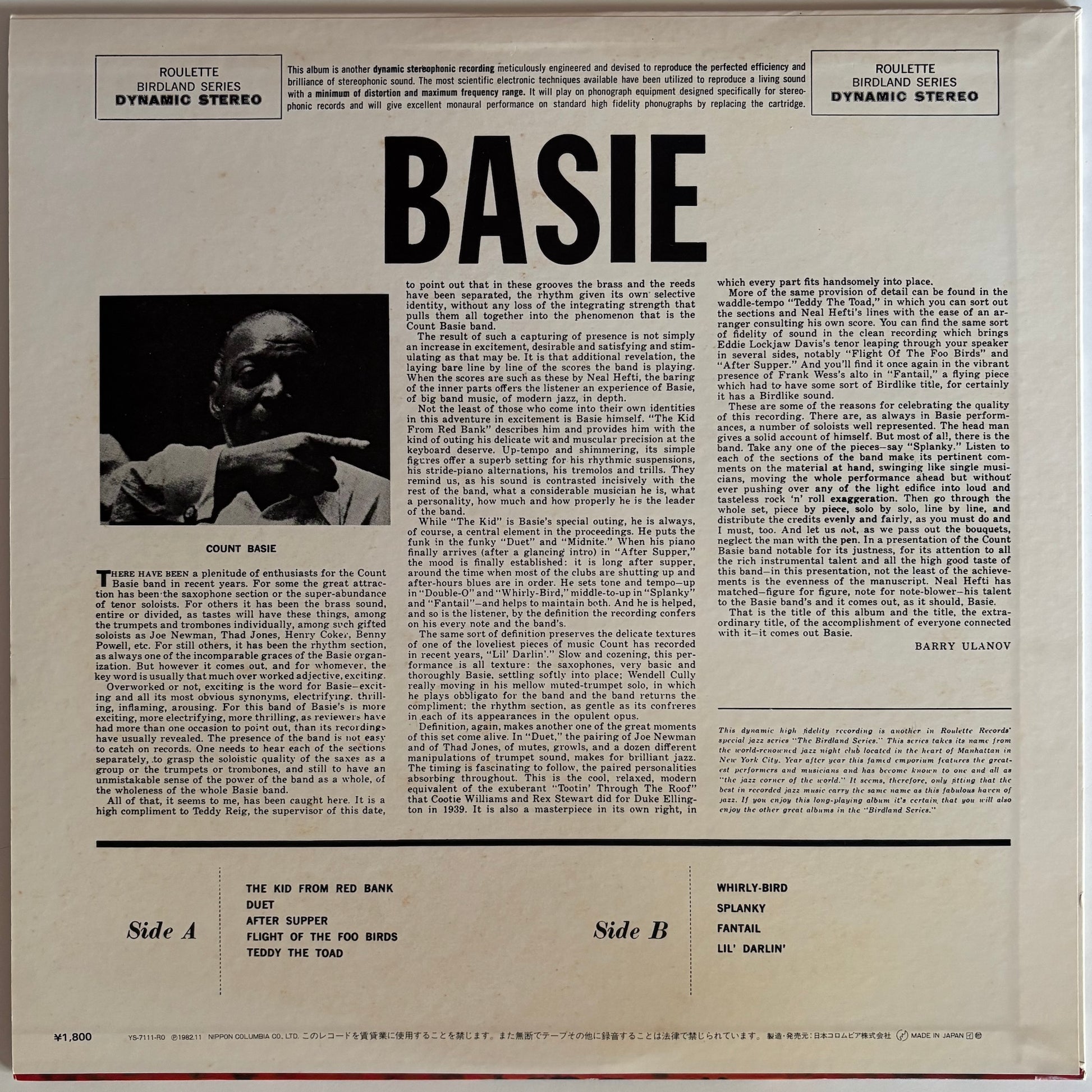 Back cover of a vinyl record with text and a black and white photo of a person, featuring the word 'BASIE'.