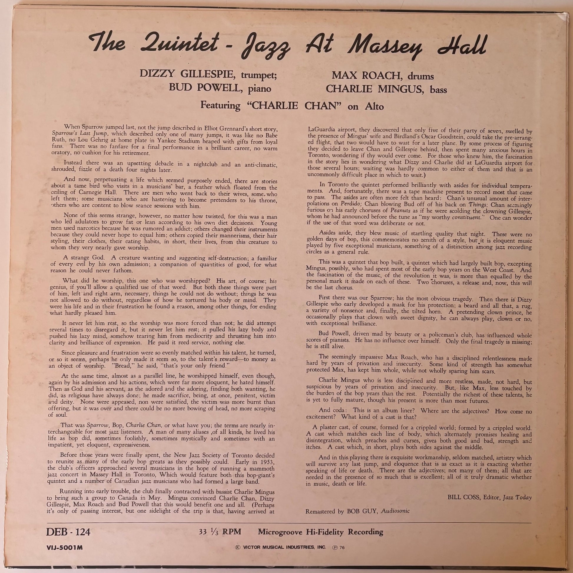 Back cover of a vinyl record featuring text about a jazz performance at Massey Hall.