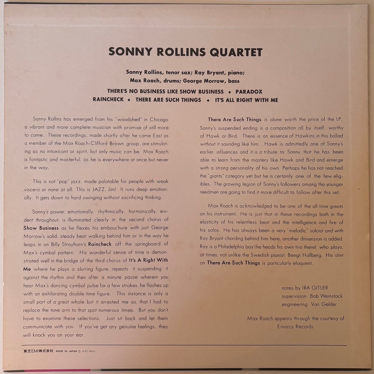 Back cover of a Sonny Rollins Quartet album with text and design elements.