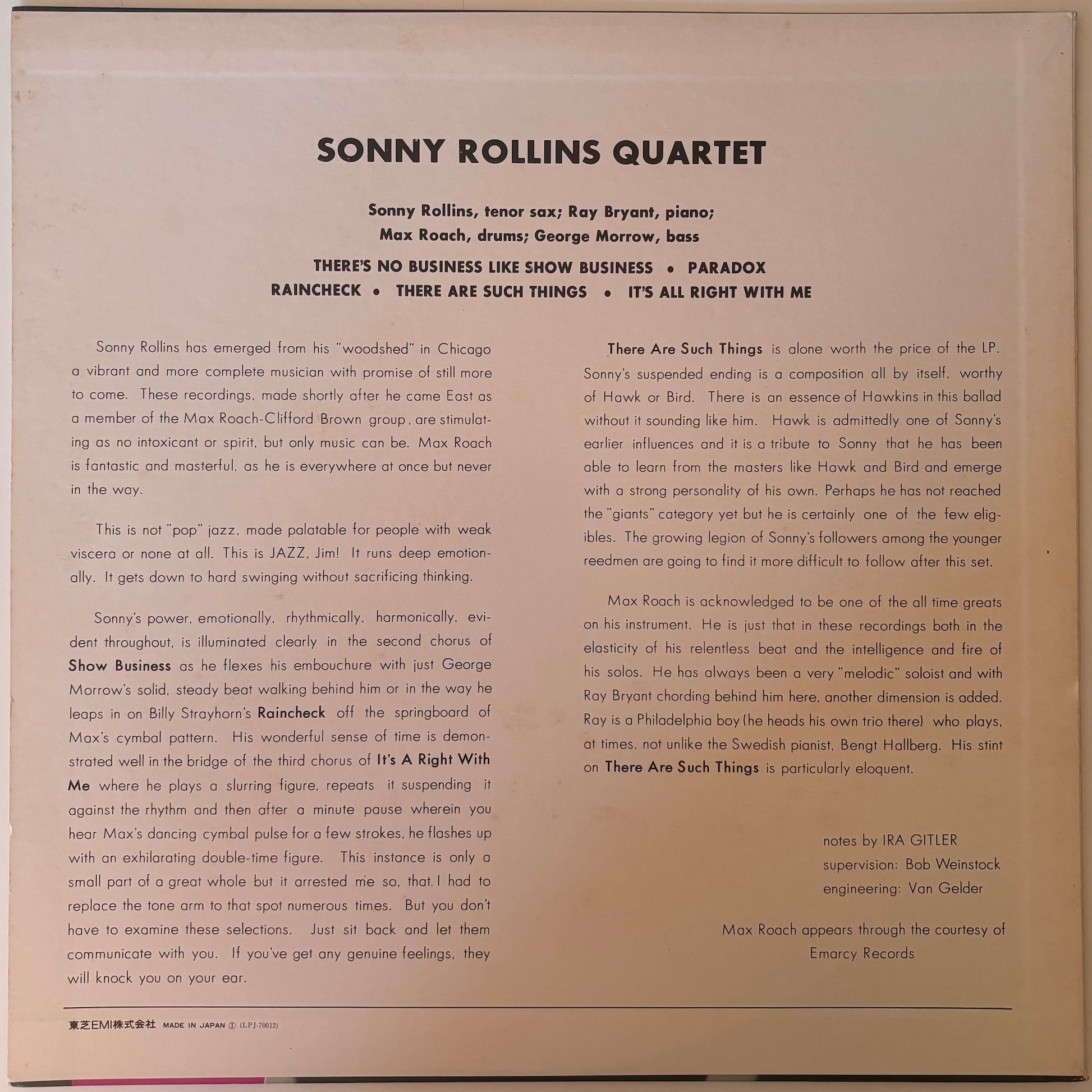Back cover of a Sonny Rollins Quartet album with text and design elements.