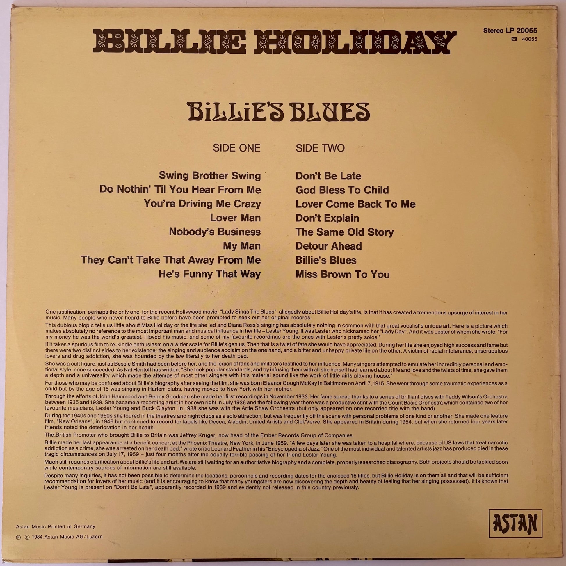 Back cover of a vinyl record featuring Billie Holiday's 'Billie's Blues' with track listing and Astan logo.