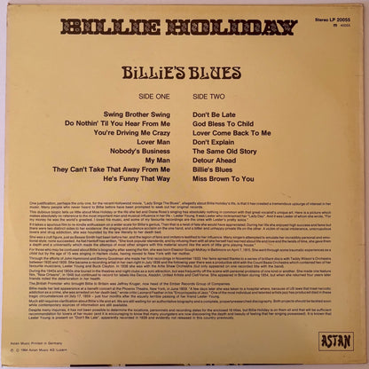 Back cover of a vinyl record featuring Billie Holiday's 'Billie's Blues' with track listing and Astan logo.