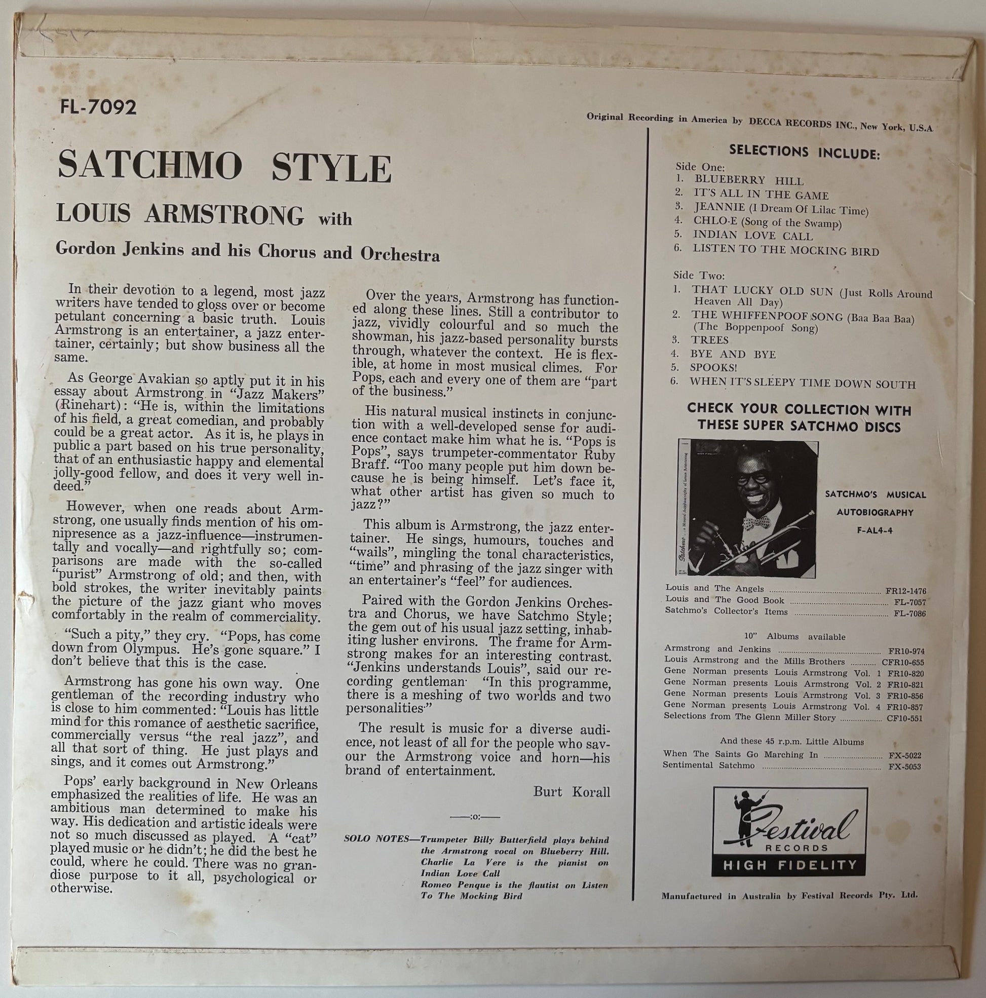 Back cover of Louis Armstrong vinyl LP 'Stachmo Style'