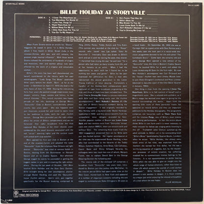 Back cover of a vinyl record featuring text about Billie Holiday at Storyville, with a black background.