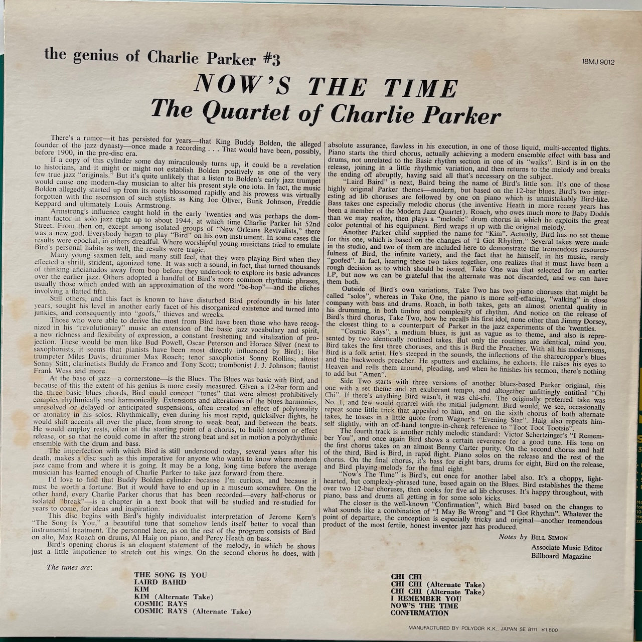 Back cover of Now's The Time by Charlie Parker vinyl LP.