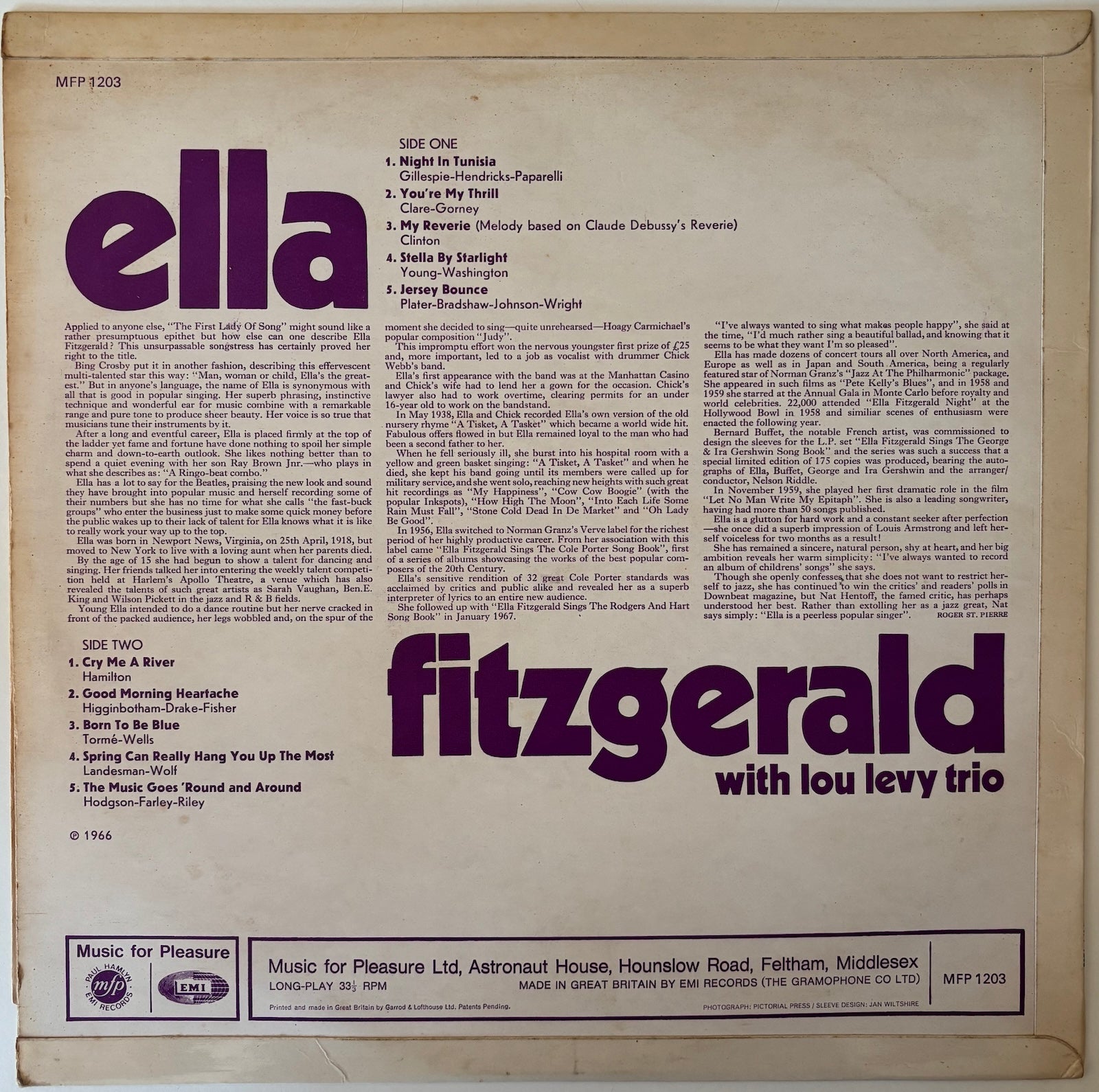 Back cover of a vinyl record featuring text with 'ella fitzgerald' and 'fitzgerald with lou levy trio'.
