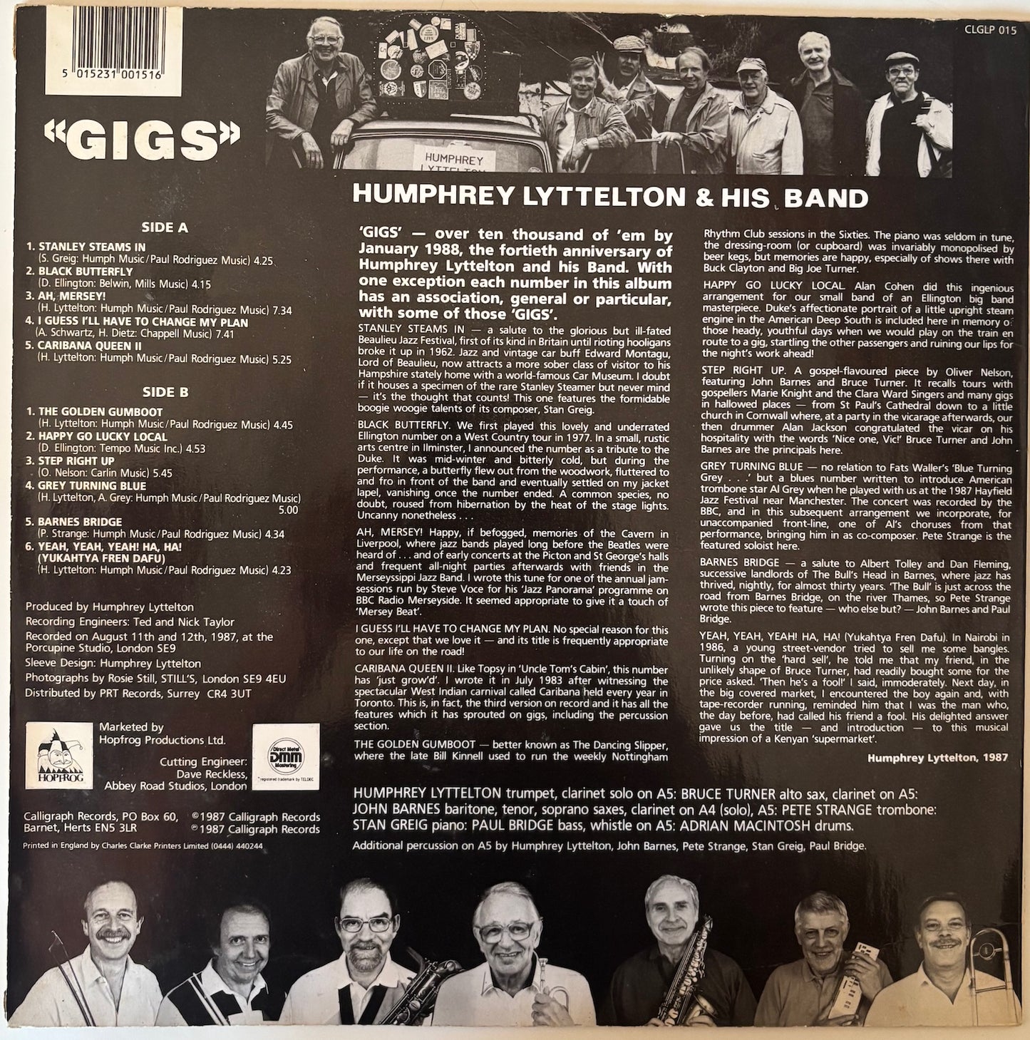 Back cover of a music album featuring Humphrey Lyttelton and his band with text and black and white photos.