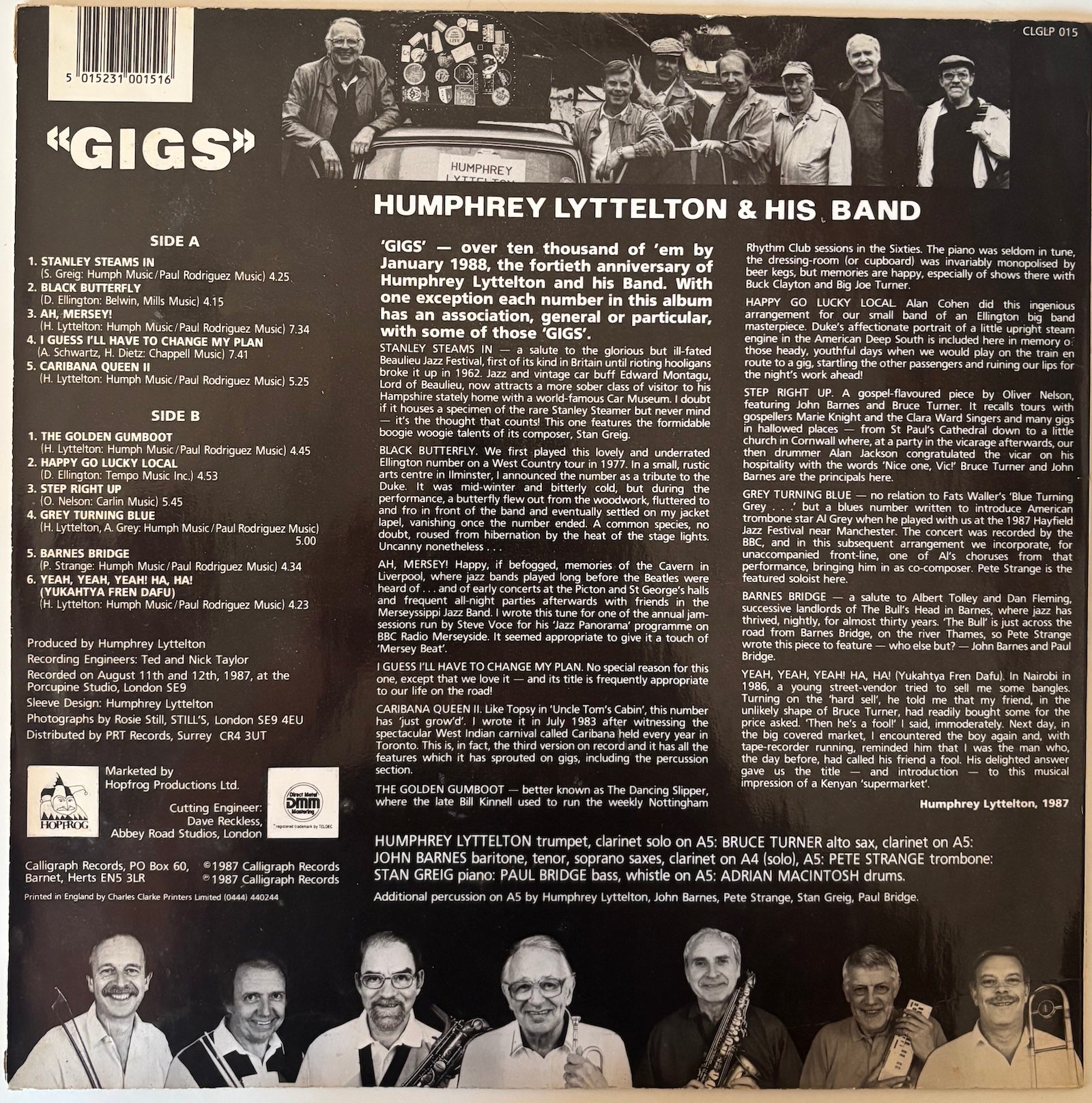 Back cover of a music album featuring Humphrey Lyttelton and his band with text and black and white photos.