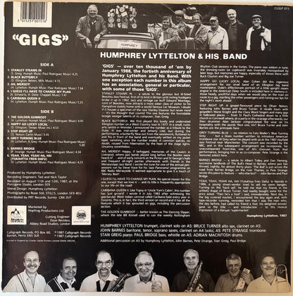 Back cover of a music album featuring Humphrey Lyttelton and his band with text and black and white photos.