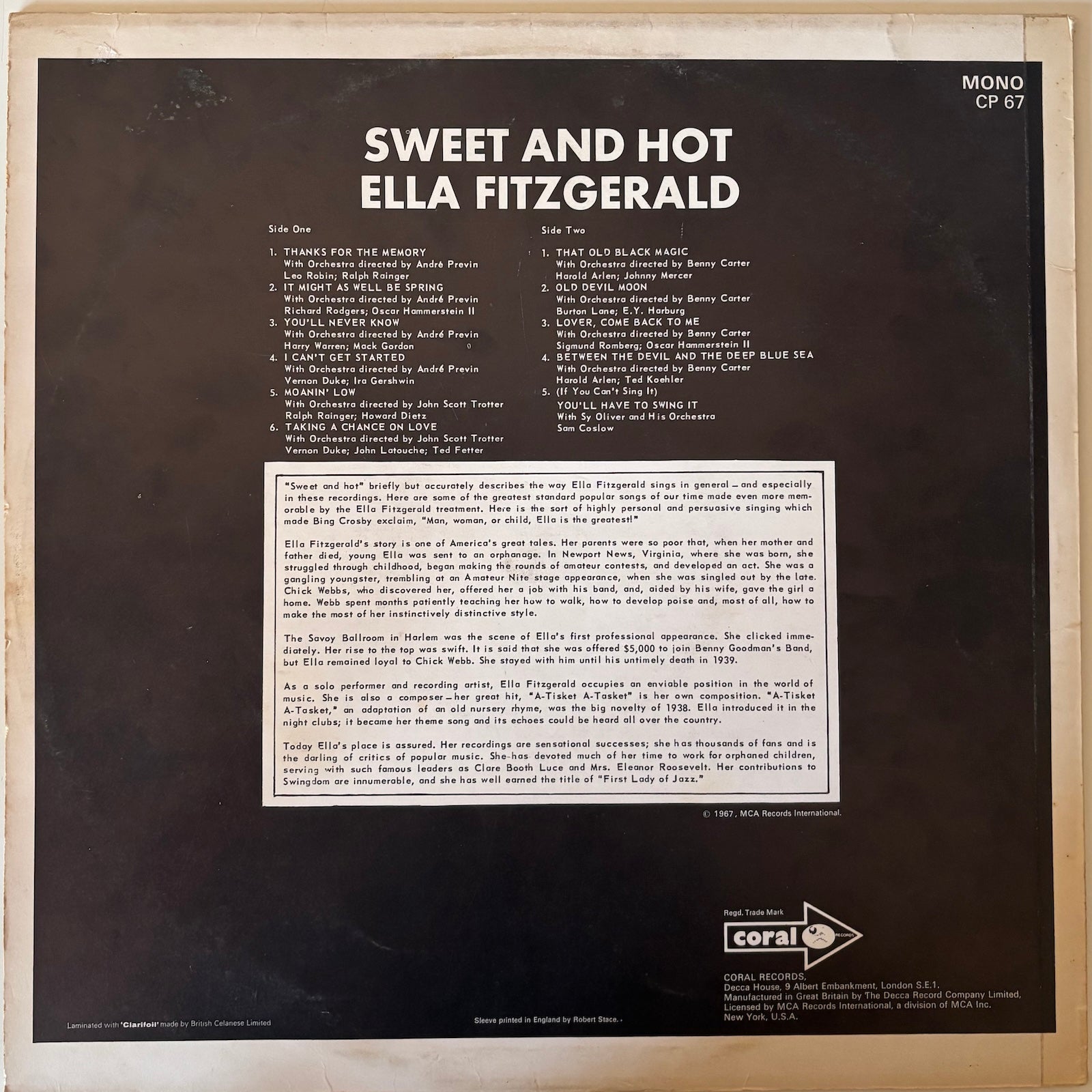 Back cover of a vinyl record with text and a logo, featuring the title 'Sweet and Hot' by Ella Fitzgerald.