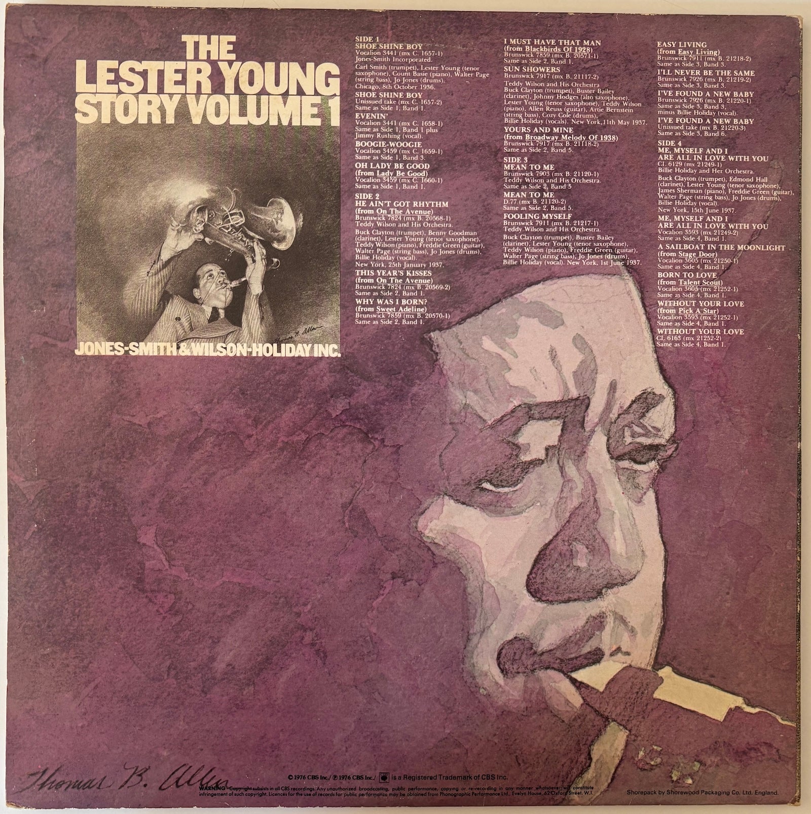 Back cover for 'The Lester Young Story Volume 1' with a stylized portrait and text.