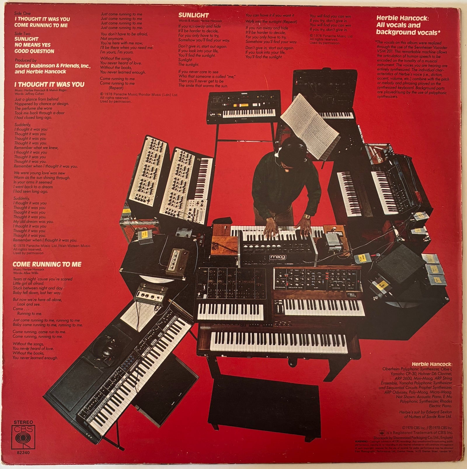 Back cover for Herbie Hancock vinyl LP Sunlight.