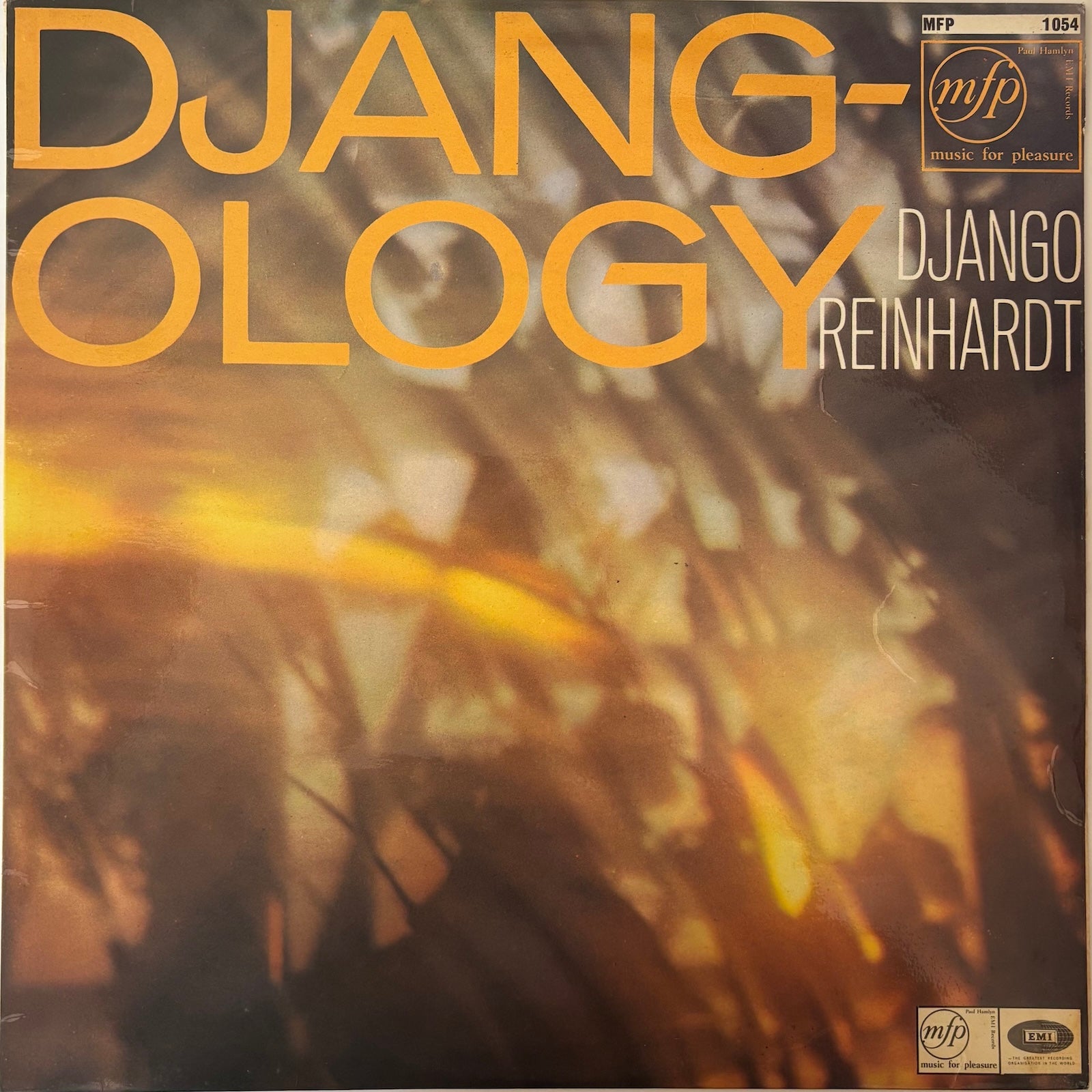 Album cover of 'Djang-ology' by Django Reinhardt with a blurred background and gold text.