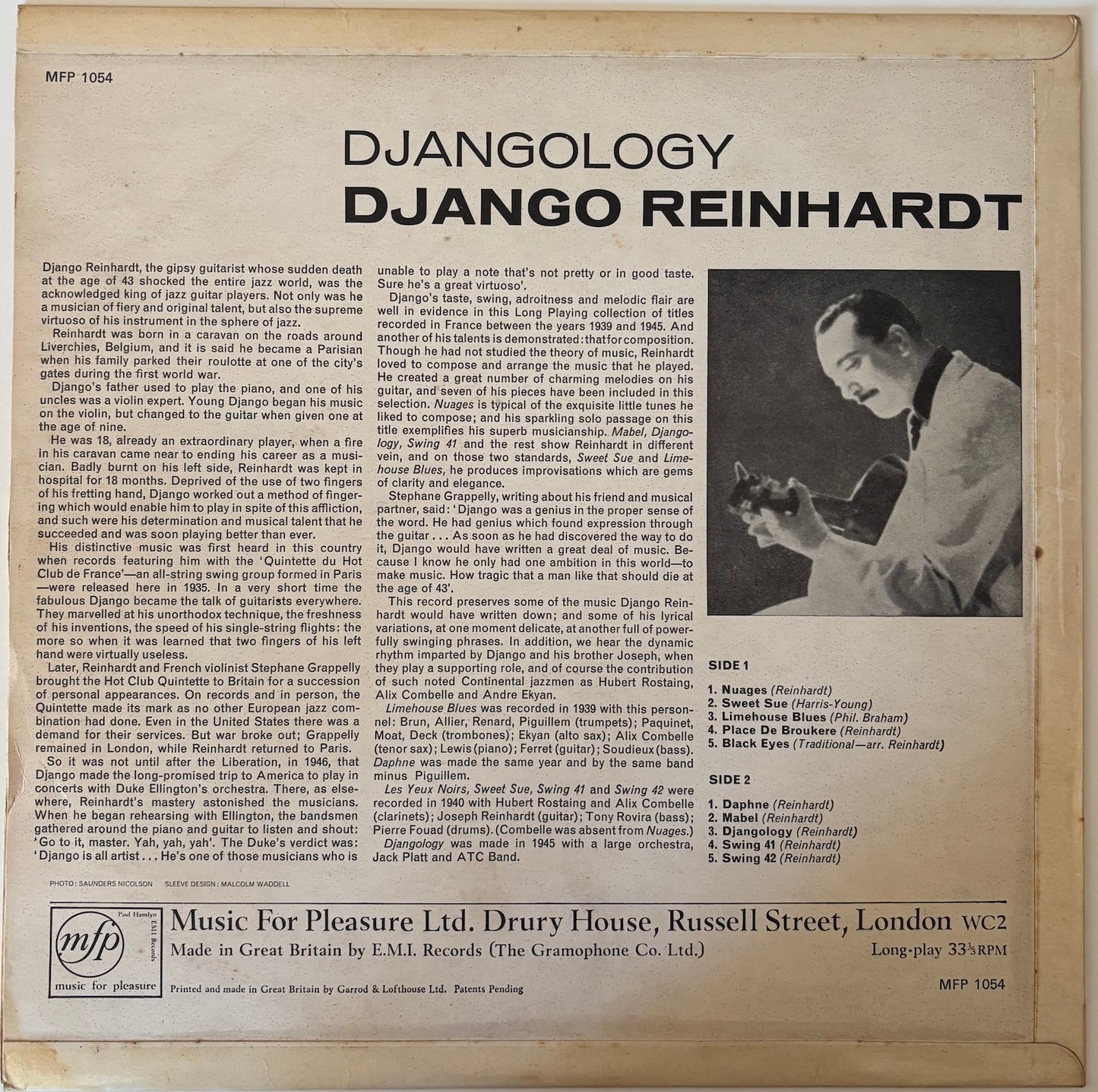 Back cover of a Django Reinhardt album with text and a black and white photo of the musician.