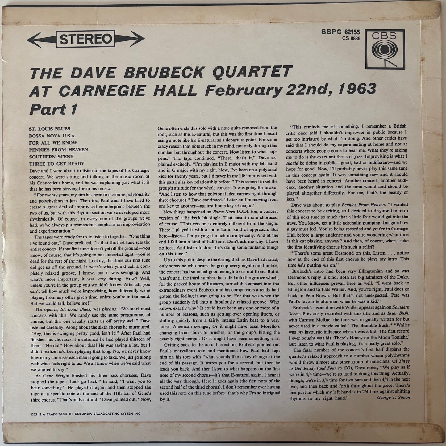 Back cover of a Dave Brubeck Quartet album from 1963 featuring text and logos.