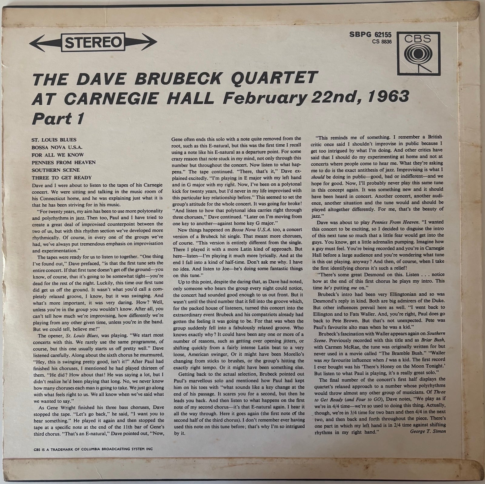 Back cover of a Dave Brubeck Quartet album from 1963 featuring text and logos.